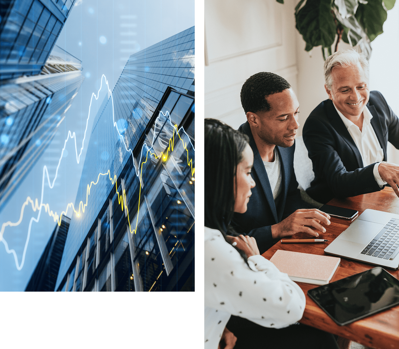 Business meeting and stock market graph overlay.