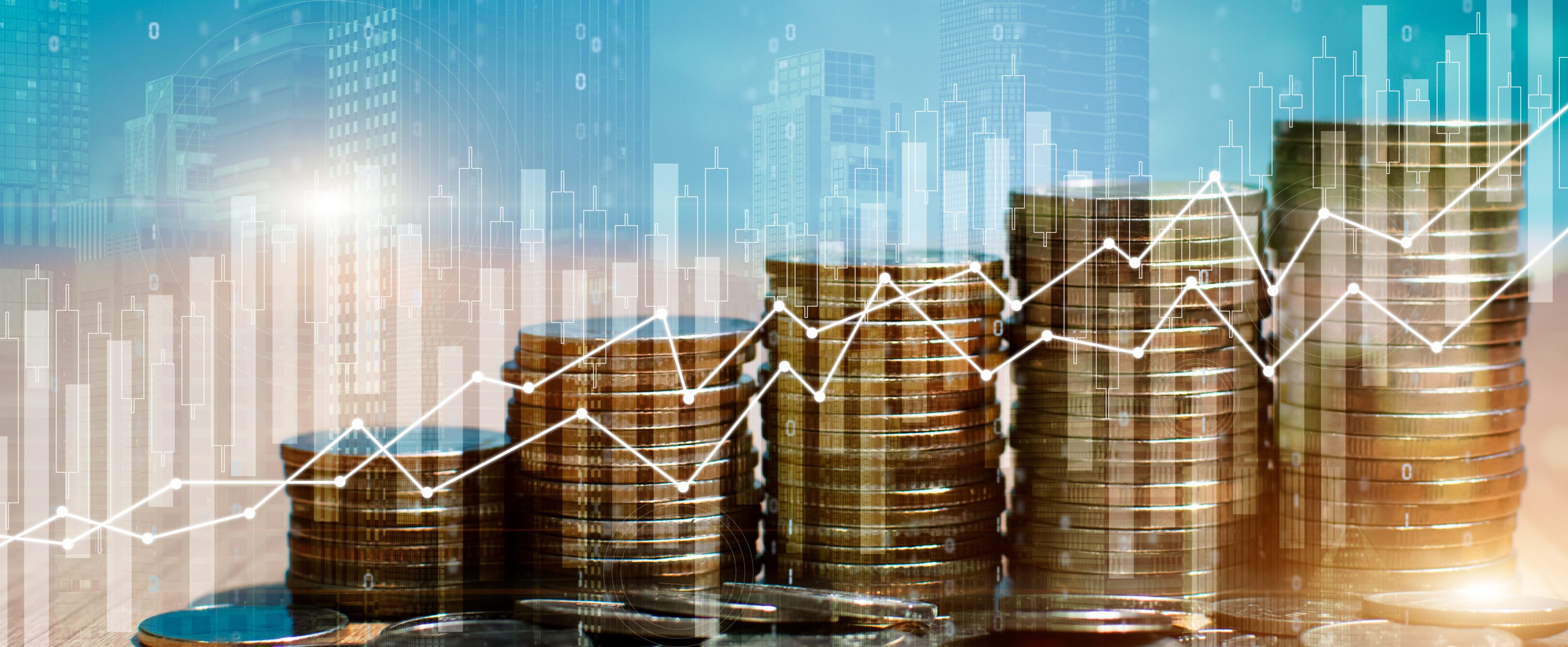 Stacks of coins with financial graph overlay.