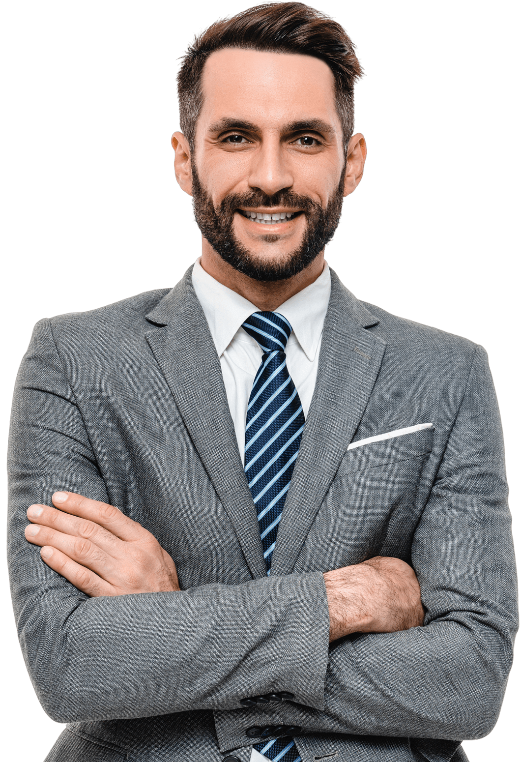 Smiling man in suit with folded arms.