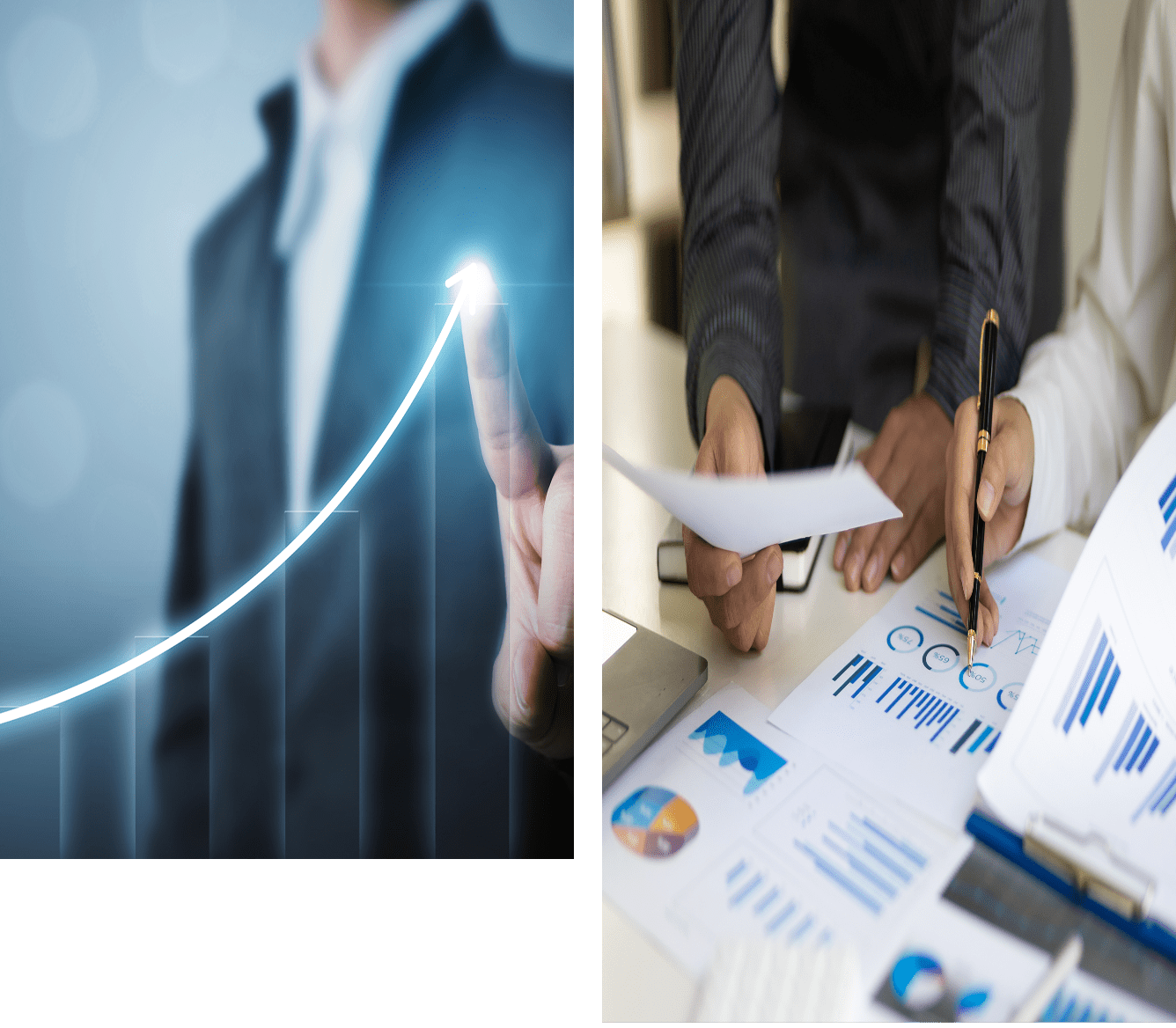 Business growth graph and team analyzing charts.