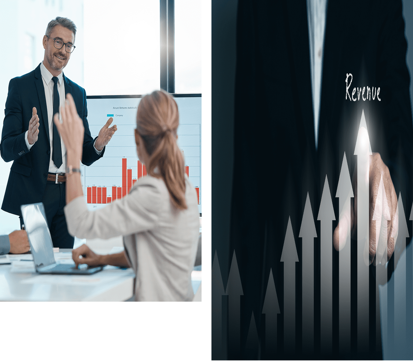 Business meeting with revenue growth chart.