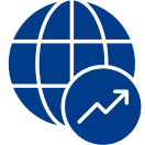 Blue globe with upward arrow icon.